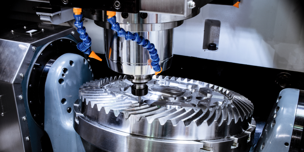 A modern CNC milling machine makes a large cogwheel