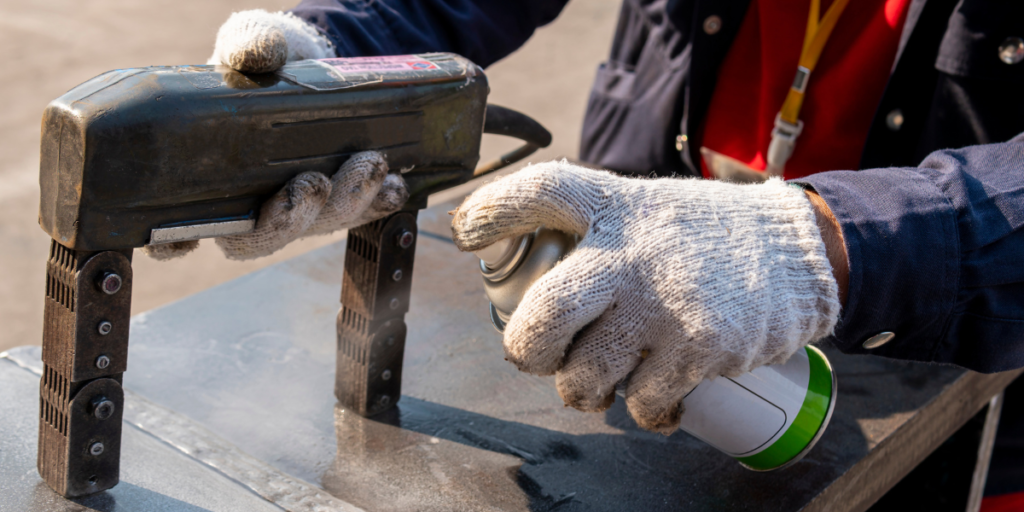 Person using magnetic particle inspection, a non-destructive testing method.