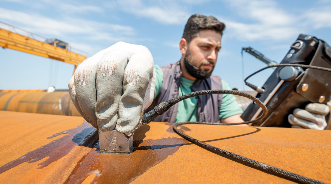 Man using non-destructive testing method, ultrasonic testing