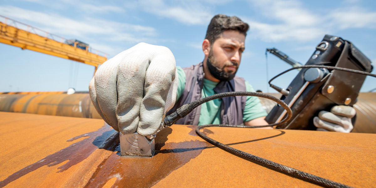 Man using non-destructive testing method, ultrasonic testing