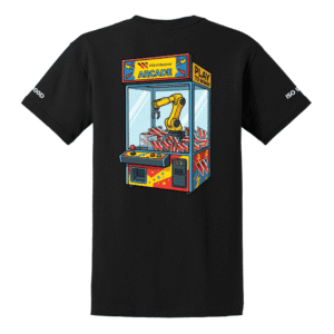 Black T-shirt with a colorful retro arcade crane game graphic on the back, featuring a yellow robotic arm grabbing prizes.
