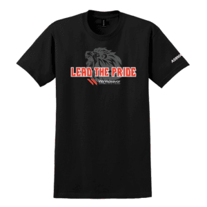 Black T-shirt with a gray lion graphic and bold red 'LEAD THE PRIDE' text, plus small logo text 'Winndeavor' beneath. On the sleeve: 'AS910' text.