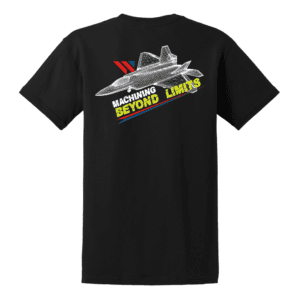 Black T-shirt with a white line-drawn jet graphic and bold yellow 'Machining Beyond Limits' slogan with red and blue stripes.