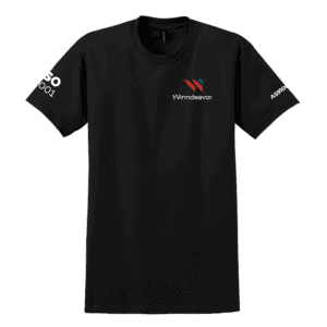 Black T-shirt displaying the Winndeavor logo on the chest with white text on the sleeves for branding symbols on both sides.