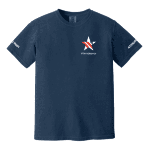 Navy T-shirt with a white star logo and red stripes on the chest, and 'Winndeavor' text beneath.