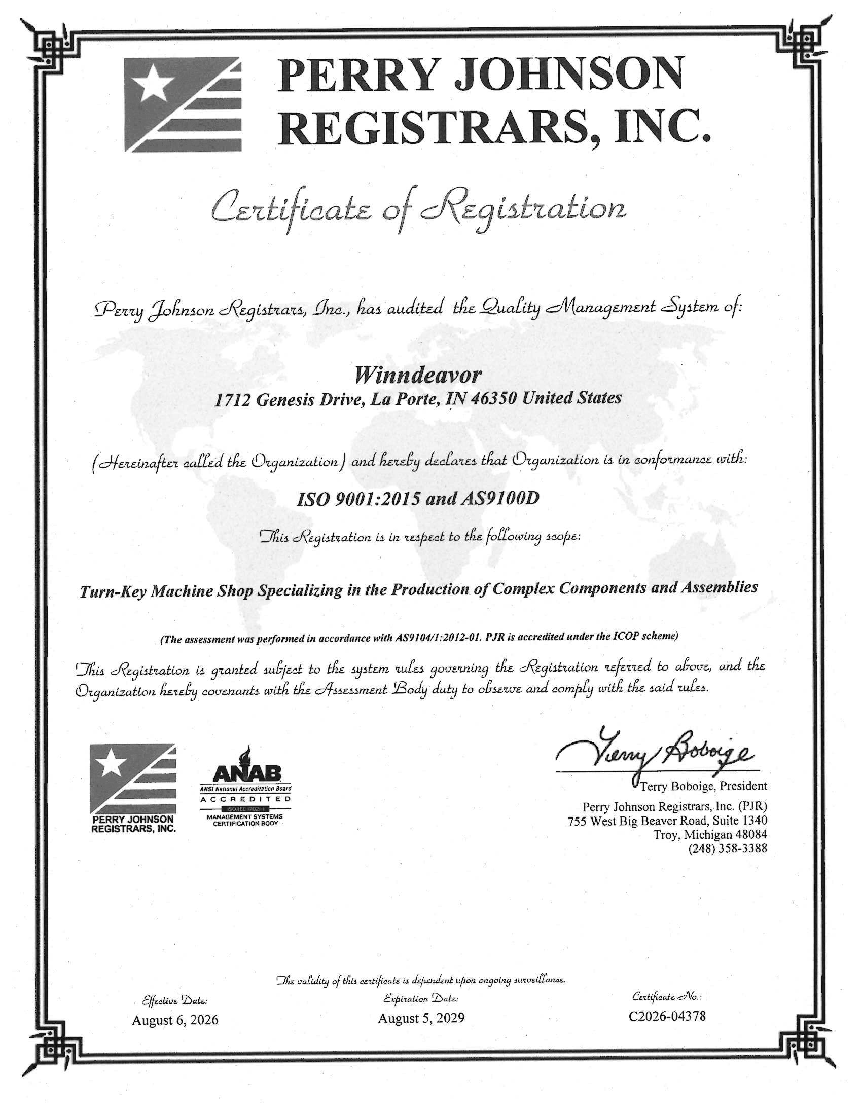 Perry Johnson Certificate of Registration for Winndeavor